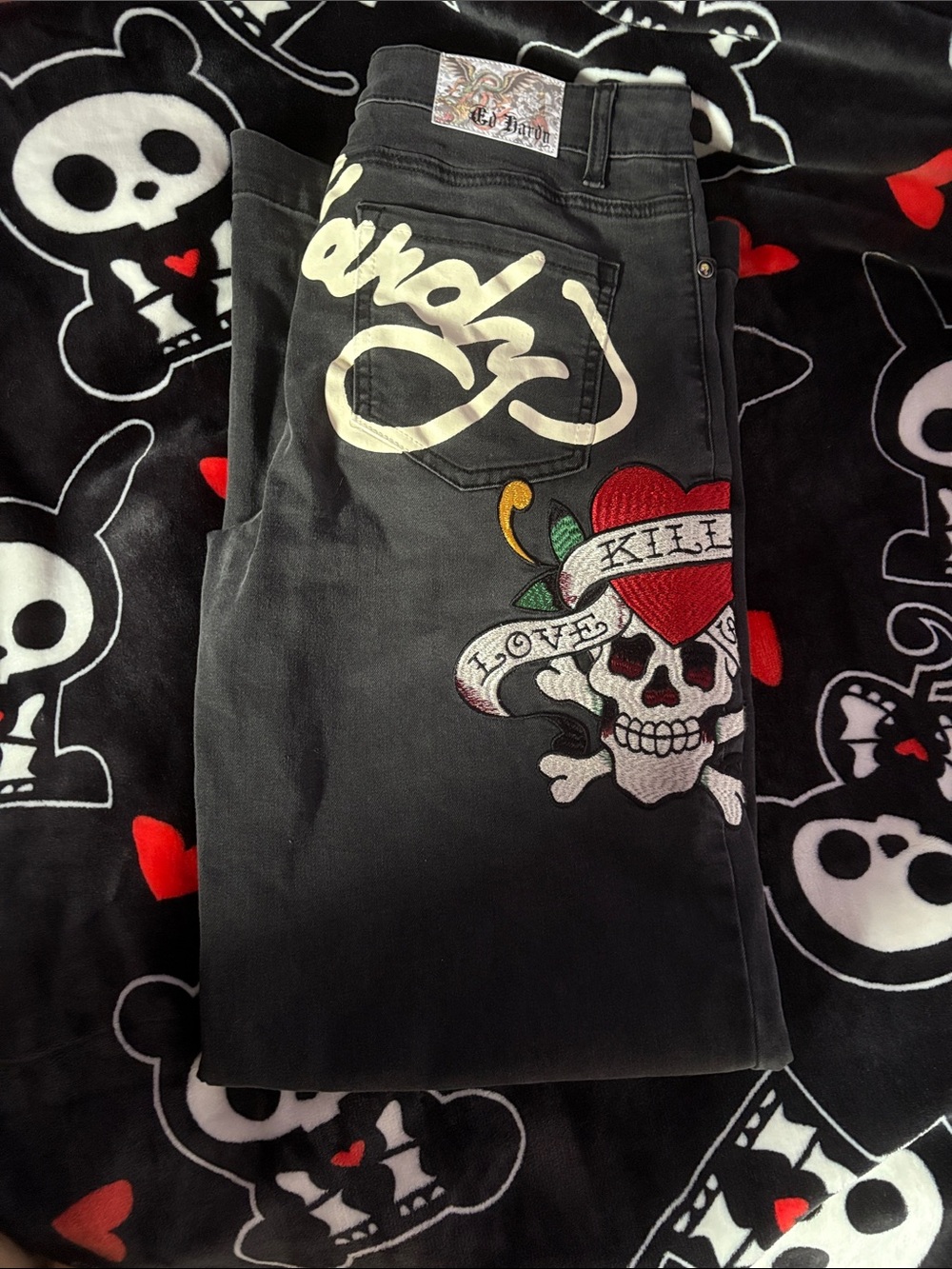 Ed Hardy Black wide baggy Jeans with skull Red Heart & Cream Script